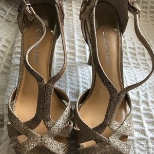 Gold Peep Toe 6 inch pumps.